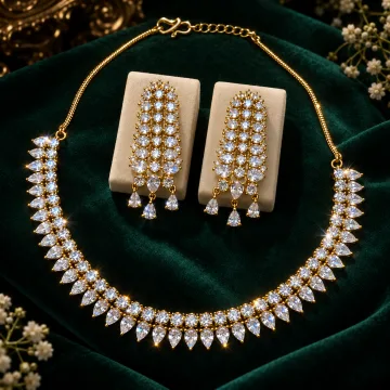 Gold Tone Teardrop Crystal Necklace Set with Matching Earrings