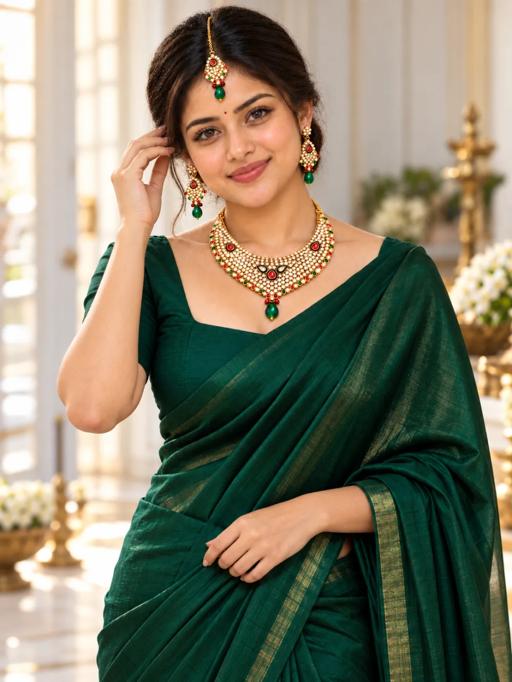 Red Green Stone Necklace Set with Earrings & Maang Tikka