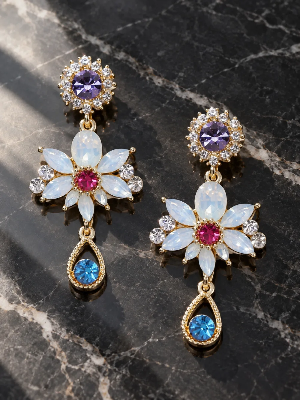 Beautiful Korean Crystal Shiny Glossy Flower Drop Earrings Multicolour