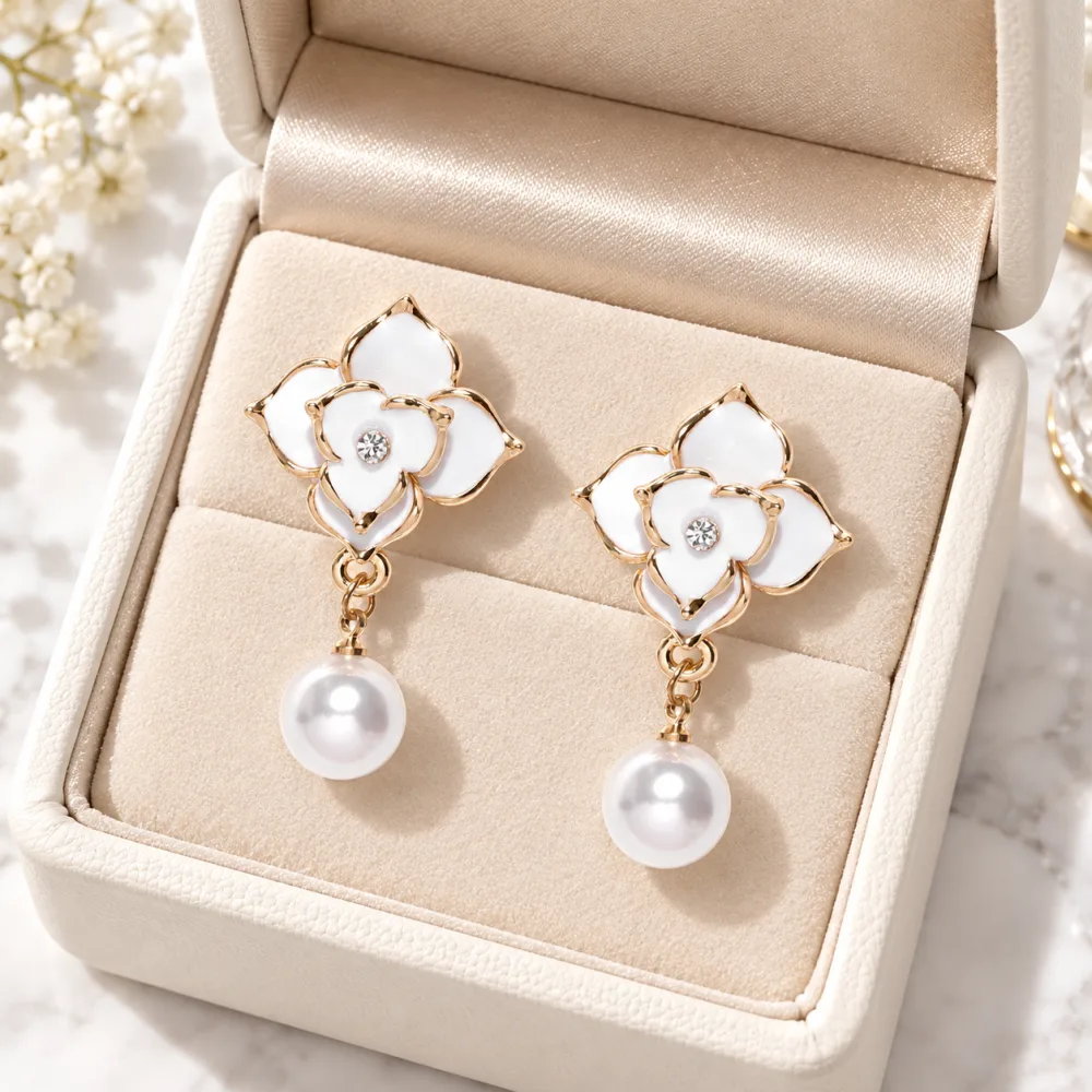 Scintillating Korean Floral Earring with Pearl Hanging for Girls White