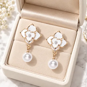 Scintillating Korean Floral Earring with Pearl Hanging for Girls White