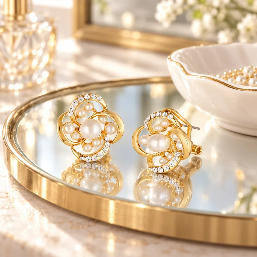 Korean Luxuriate Alloy Zircons Earrings with Beautiful Flower Design