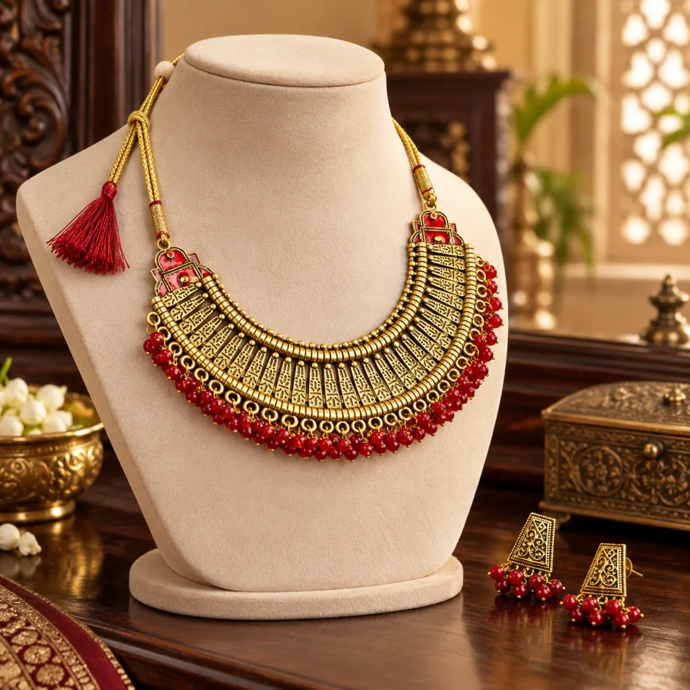 Latest Traditional Gold Plated Alloy Necklace Set for Girls and Women