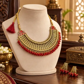 Latest Traditional Gold Plated Alloy Necklace Set for Girls and Women