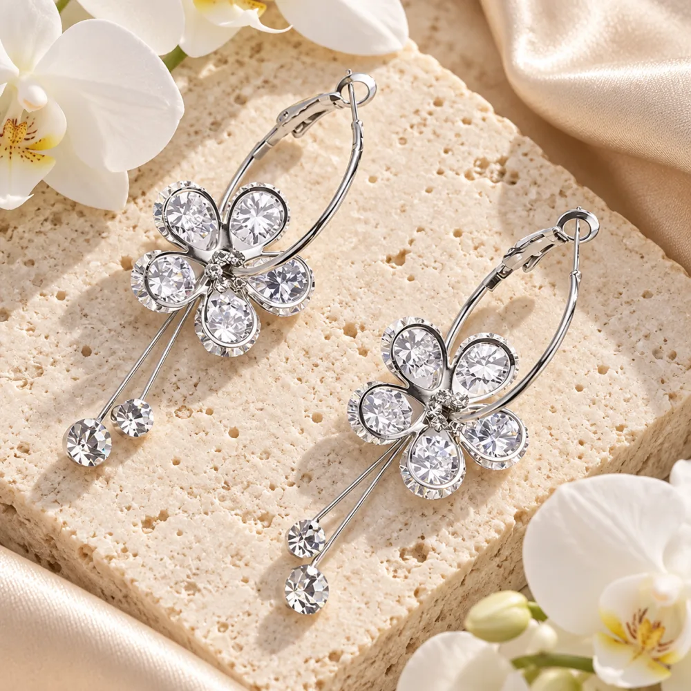 Shining Crystal Korean Sparkling Flower Hoop Earrings for Girls White