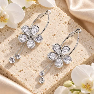 Shining Crystal Korean Sparkling Flower Hoop Earrings for Girls White