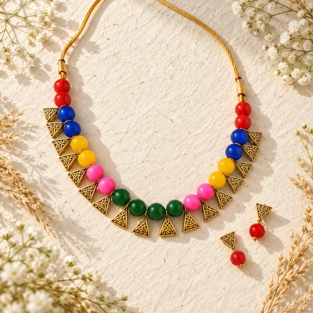 Beautiful Beaded Exclusive Brass Necklace Set for Women Multicolor