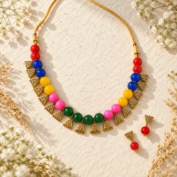 Beautiful Beaded Exclusive Brass Necklace Set for Women Multicolor