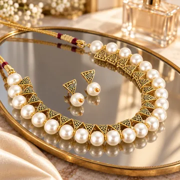 Beautiful Beaded Brass Artificial Necklace set White