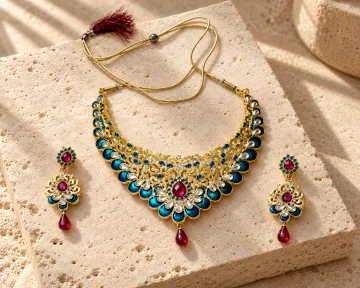 Derben Clove Gold-Toned Teal Blue & Pink Stone Necklace and Earring Set for Women