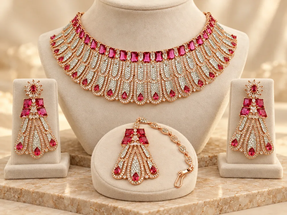 Rose Gold Tone Bridal Necklace Set with Earrings & Maang Tikka