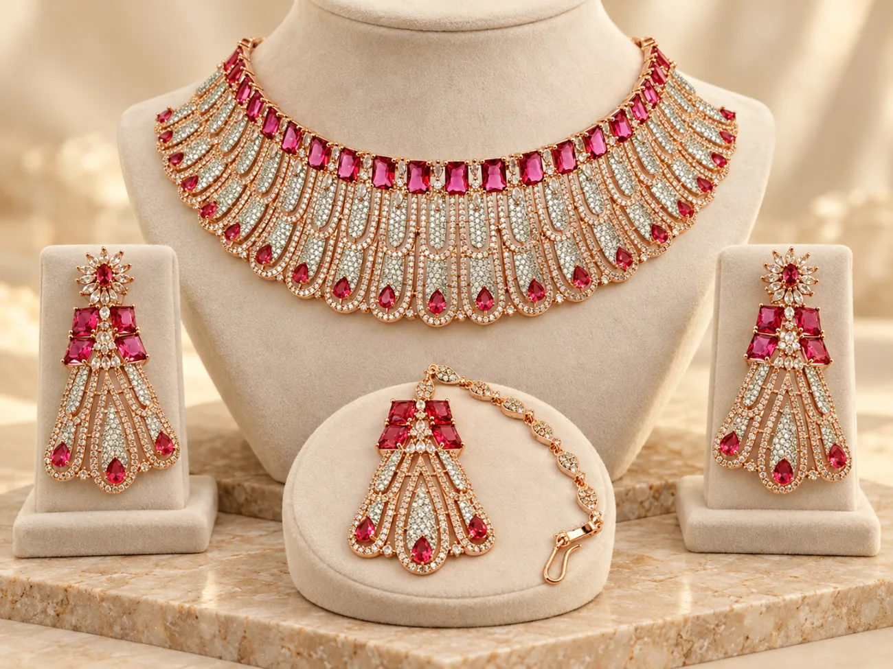 Rose Gold Tone Bridal Necklace Set with Earrings & Maang Tikka