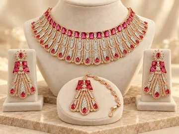 Rose Gold Tone Bridal Necklace Set with Earrings & Maang Tikka